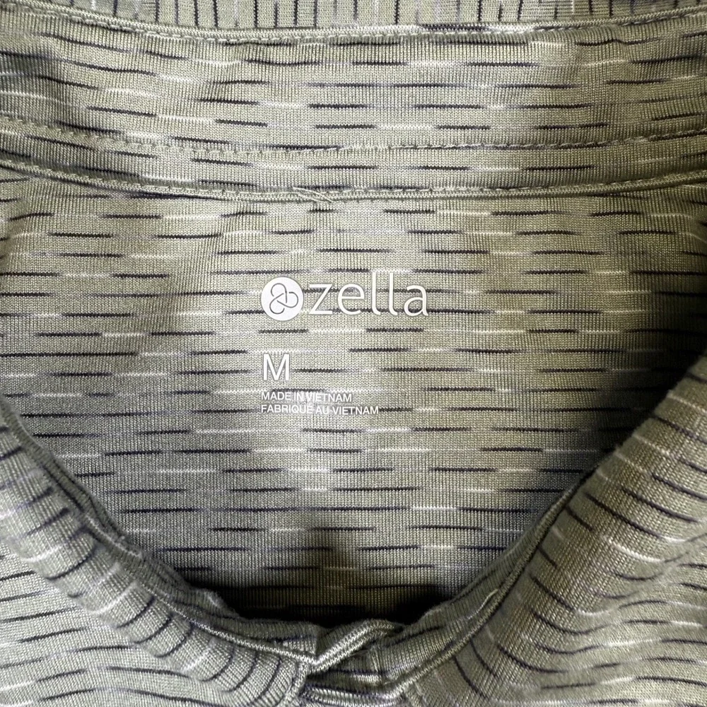 Zella Polo Shirt Men Medium Green Stripe‎ Short Sleeve Activewear Snap Stretch